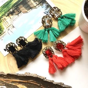 🎀 Gold Tassel Jewel Statement Earrings
